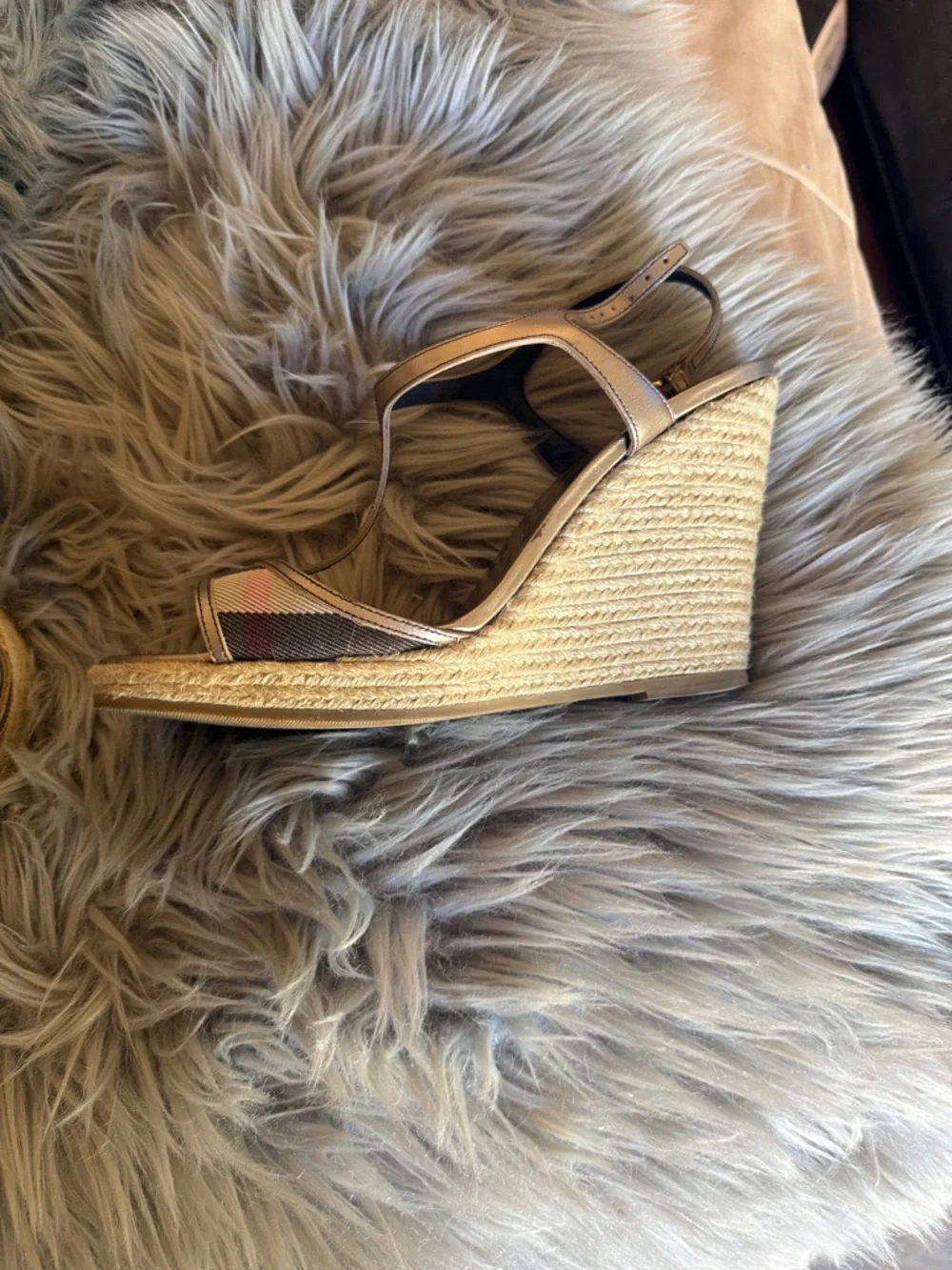 Burberry Metallic Bronze and Tan Espadrille Wedge Sandals - Picture 2 of 2